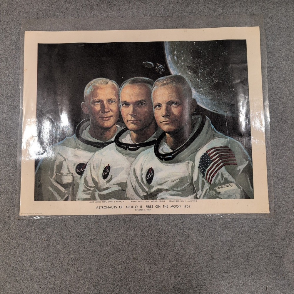 Vtg 1969 Apollo 11 Astronauts First On The Moon Alton S Tobey Print Laminated - Picture 1 of 5